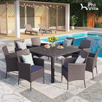 PHI VILLA 9-Piece Cast Aluminum Outdoor Dining Set for 8, Square Metal Dining Table with Umbrella Hole & Cushioned Wicker Rattan Chairs