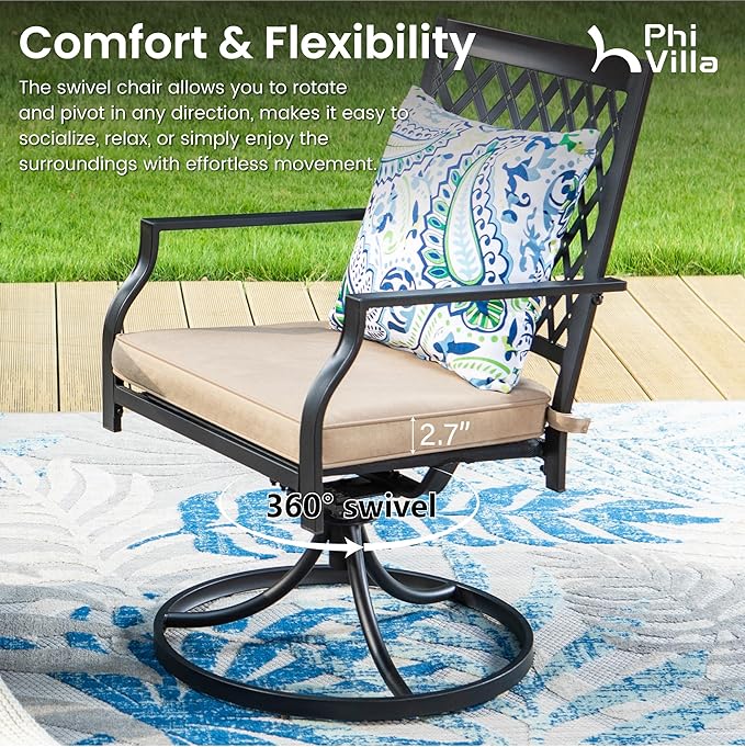 PHI VILLA Patio Dining Set 7 Pcs 1 Extendable Dining Table and 6 Swivel Chairs Support 300 lbs for Outdoor Backyard Bistro Furniture Set with Cushion