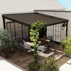 Domi 10’x10’ Lean-to Gazebo, Hardtop Wall-Mounted Gazebo Pergola with Sloping Galvanized Steel Roof and Upgraded Drainage System, Outdoor Permanent Metal Shelters for Patio Backyard Deck, Brown