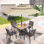 PHI VILLA 5 Pieces Patio Dining Set for 4 with 10ft Patio Umbrella, Metal Outdoor Stackable Wrought Iron Chair Set of 4 & 37" Metal Wood-Like Dining Table,3 Tier Vented Market Table Beige Umbrella
