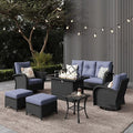 LayinSun 7 Pieces Outdoor Patio Furniture Set with Fire Pit Table, Rattan Wicker Sectional Swivel Rocker Chairs Sets