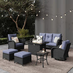 LayinSun 7 Pieces Outdoor Patio Furniture Set with Fire Pit Table, Rattan Wicker Sectional Swivel Rocker Chairs Sets