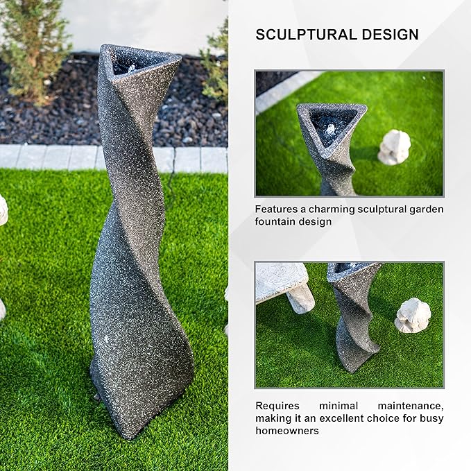 XBrand 39 in. H Freestanding Resin Fiberglass Sculptural Modern Twisted Pilar Outdoor Garden Fountain w/LED Light