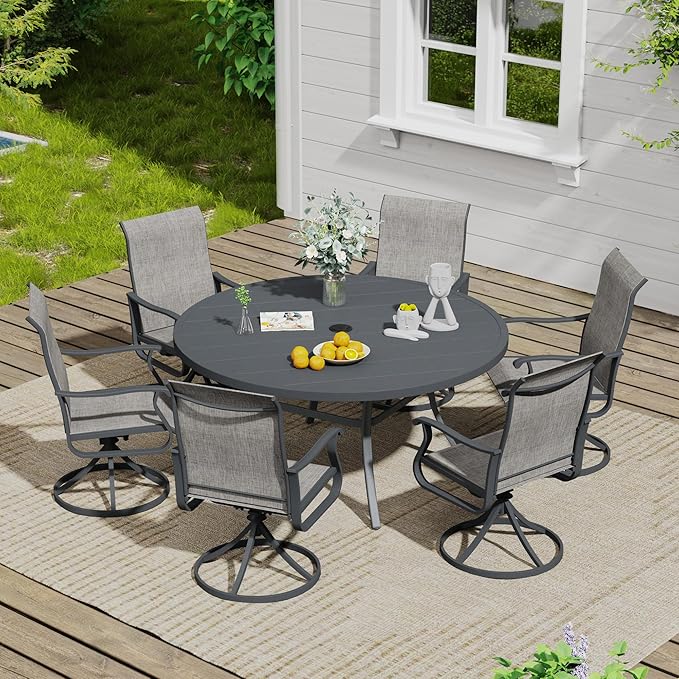 VICLLAX Outdoor Patio Round Dining Table, 50"x 50" Metal Slatted Round Tabletop with Adjustable Umbrella Hole for Deck Lawn Garden Backyard, Dark Grey