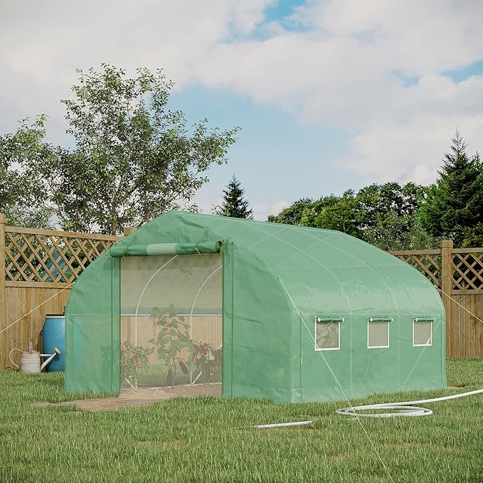 Outsunny 11.5' x 10' x 6.5' Walk-in Tunnel Greenhouse, Green House with Zippered Mesh Door, 7 Mesh Windows & Roll-up Sidewalls, Upgraded Gardening Plant Hot House with Galvanized Steel Hoops, Green