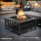 Flamaker Outdoor Fire Pit 32 Inch Firepit Tables Backyard Mutifunctional Square Metal Stove Wood Burning with Cover Poker for Patio, Camping, Bonfire (Silver)