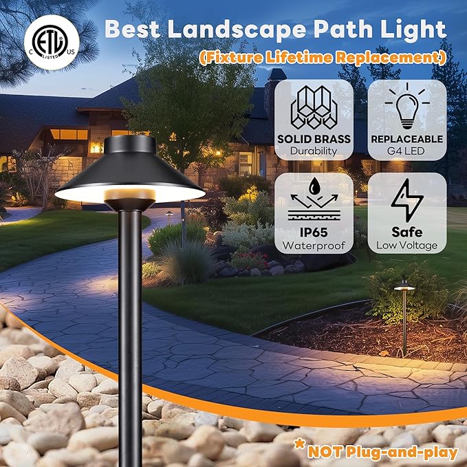 Gardenreet Brass Low Voltage Path Lights - 12V LED Landscaping Pathway Lamp IP65 Waterproof, Wired Walkway Lighting Outdoor, Mushroom-top Black for Lawn Backyard Garden G4 Bulb Not Included (8 Pack)