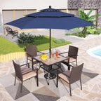 PHI VILLA 5 Pieces Outdoor Dining Set with Umbrella for 4, 37" Square Metal Polywood Table & Cushioned Wicker Rattan Chairs & 10ft Red Umbrella Furniture for Patio, Deck, Yard, Porch