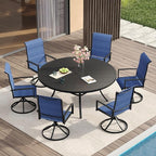 VICLLAX 7 Pieces Patio Dining Set for 6-Outdoor Furniture Includes 53" Round Outdoor Table and Swivel Padded Chairs, Black Tabletop and Blue Fabric