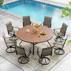 DIFY 59.8" Round Outdoor Patio Dining Table for 8-10, All-Weather Metal Steel Slatted Patio Table with 1.57" Adjustable Umbrella Hole, for Lawn Garden Porch Backyard, Walnut