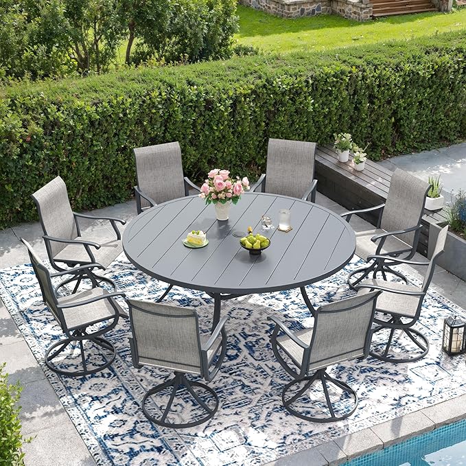 DIFY 9 Pieces Outdoor Patio Dining Set, 8 Grey Textilene Swivel Dining Chairs and 60" Grey Round Metal Dining Table, Outdoor Table and Chairs