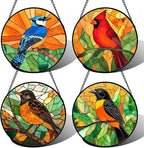 Stained Glass Window Hanging 4 Pcs Set Birds Large 15" - Cardinal Blue Jay Suncatcher Door Garden Sun Catcher Decor Birthday Christmas for Bird Lovers Mom Woman Nana Men