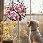Stained Glass Window Hanging - Cherry Blossoms Birth Flower Suncatcher for Door Garden Patio Sun Catchers Decor Christmas Mother's Day Birthday Gifts for Women Mom Nana Friend Wife 11.8 in
