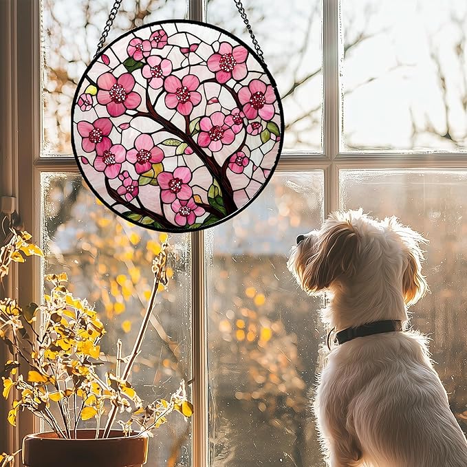 Stained Glass Window Hanging - Cherry Blossoms Birth Flower Suncatcher for Door Garden Patio Sun Catchers Decor Christmas Mother's Day Birthday Gifts for Women Mom Nana Friend Wife 11.8 in