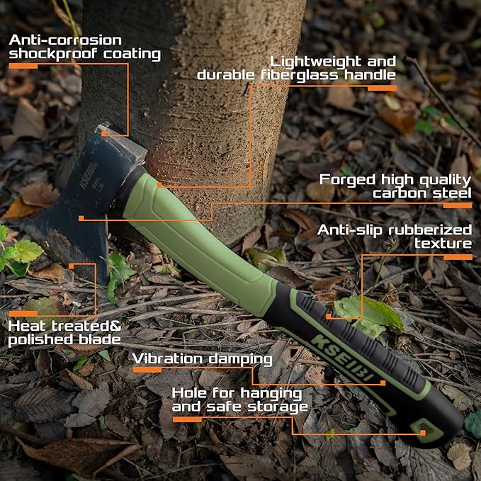 KSEIBI Hatchet with Sheath, Camping Axe for Splitting and Kindling Wood, Forged Steel Blade with Anti-Slip and Shock Reduction Handle Great Throwing Hatchets (Sausalito Green)