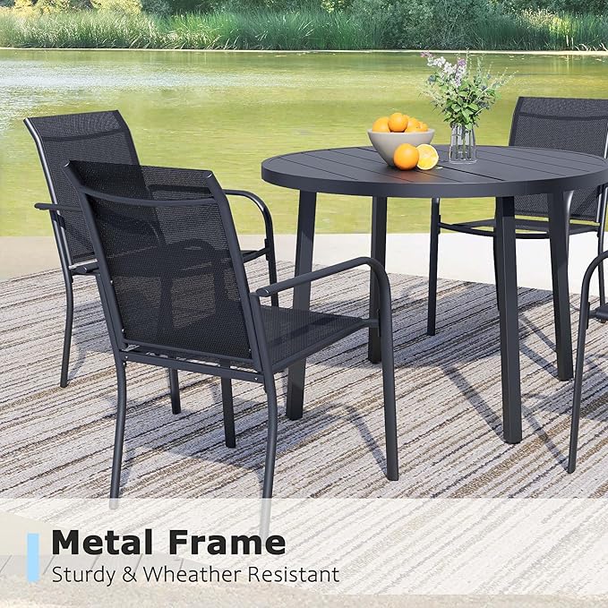 5 Pieces Round Dining Table Set for 4, Patio Dining Set Includes 4 Black Stackable Patio Chairs and 1 Black Round Table, Patio Furniture Sets with Sling Support for Outside, Garden