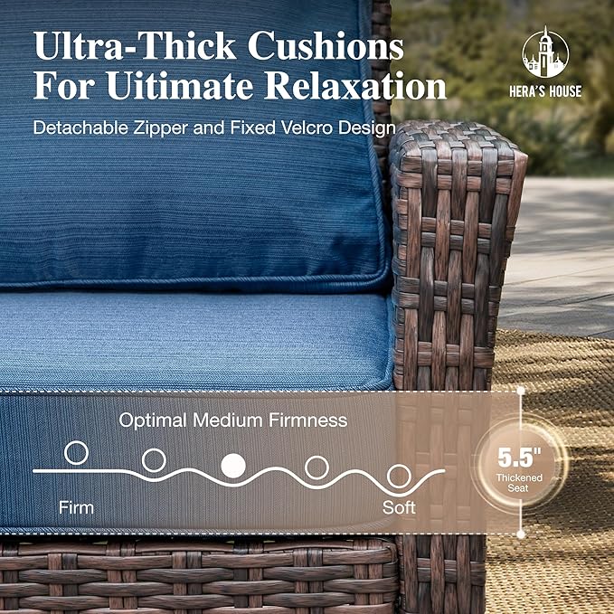 HERA'S HOUSE Wicker Patio Furniture Set, 35" High Back Swivel Chairs with 5.5" Thick Cushions, 5 Pieces Outdoor Seating Furniture, Deck Conversation Set with Ottomans for Lawn Yard Porch, Blue