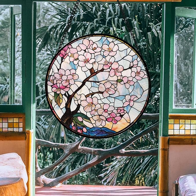 Stained Glass Window Hanging - Cherry Blossoms Suncatcher for Door Garden Home Decor Pink Flowers Sun Catcher Christmas Birthday for Friend Lovers Women Mom Nana 15 in