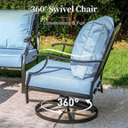 7 Piece Metal Outdoor Patio Furniture Set, Patio Conversation Sets 1 3-seater Sofa, 2 Fixed Chairs, 2 Swivel Chairs, 2 Ottomans with 5.75" Thick Cushion, Black Backyard Furniture, Blue