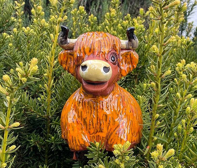 Ceramic Garden Decor - Cow Lawn stake - Outdoor statue - Perfect, unique gifts for gardeners woman, men, yard gifts - Handmade, Frostproof