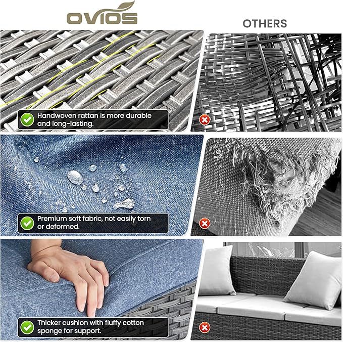 ovios 8 Pieces Patio Furniture Set, Outdoor Wicker Sofa Couch with Swivel Chairs 42" Fire Pit Table, High Back All Weather Modern Conversation Sets, Grey Rattan, Denim Blue