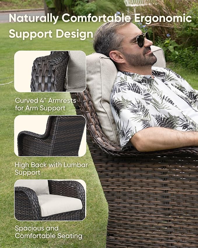 HUMMUH Outdoor Swivel Rocker Wicker Patio Chairs Set of 2, Rattan Rocking Chair Furniture Set (Brown/Beige)