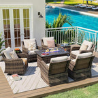 MEISSALIVVE 9 Pieces Patio Furniture Set with 43" Fire Pit Table, Wicker Patio Conversation Set with Swivel Rocking Chairs, Outdoor Patio Set for Lawn Backyard Porch (Brown)