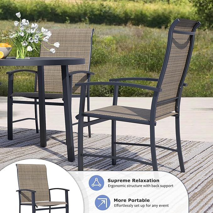 Outdoor Dining Chairs Set of 2, Stackable Patio Chairs with Metal Frame & Textilene Fabric, Perfect for Patio Garden Deck, Mocha