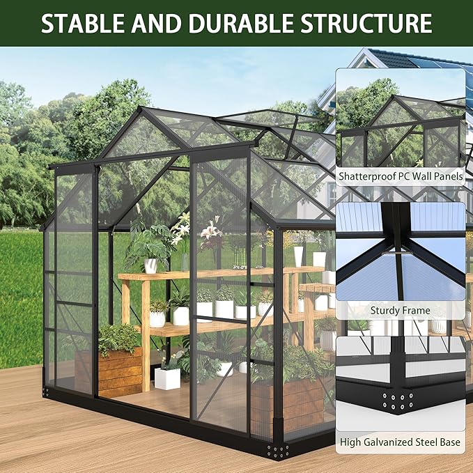 Greenhouses for Outdoors, 8x14.2 FT Polycarbonate Greenhouses with Adjustable Roof Vent, Windproof, Walk-in Aluminum Frame Green Houses for Outside with Sliding Doors, Garden(8x14.2FT)