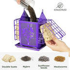 Kingsyard Metal Bird Feeder for Outdoor Hanging, Wild Bird Feeder with Double Suet Cage, Weatherproof Roof and 3 lbs Large Seed Capacity, Purple