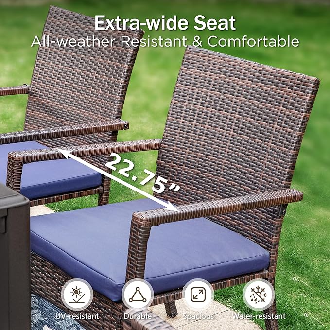 PHI VILLA 7 Piece Patio Dining Set with Umbrella, 60” Rectangular Metal Dining Table & 6 Cushioned Rattan Wicker Chairs & 13ft Large Red Umbrella for Outdoor, Deck, Yard, Porch