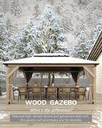 GAOMON Hardtop Spruce Wood Gazebo 10'x12', with Double Roof of Metal Sheets, 4.7'' Heavy Duty Poles, Net, and Curtain, Permanent Building for Patio, Deck, Backyard, Lawn, and Garden, Khaki