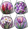 Stained Glass Window Hanging 4 Pcs Set Purple Flower Theme 6.3" - Tulip Suncatcher Door Garden Sun Catcher Decor Birthday Christmas for Plant Lovers Woman Nana Men