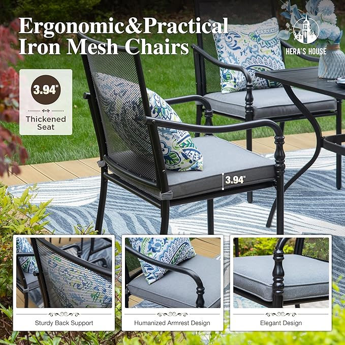 HERA'S HOUSE Patio Table and Chairs Set, 7 Piece Outdoor Dining Set, 6 x Dining Chairs with 54" Round Metal Table for Backyard Garden Lawn Restaurant