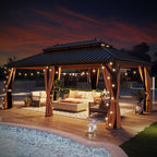 12' X 20' Hardtop Gazebo, Outdoor Galvanized Steel Double Roof Permanent Aluminum Frame Pavilion Pergola Canopy with Privacy Curtains for Garden, Patio, Backyard, Deck and Lawns.