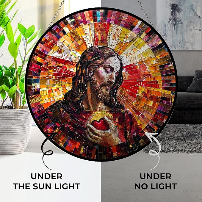 Personalized Jesus Christ Sacred Heart Suncatcher Stained Glass Window Hangings Sun Catchers Colorful Ornament Gifts for Women Mom Wife Halloween Christmas Housewarming