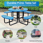 8-Person Picnic Tables for Outdoors, Industrial 46" Expanded Metal Round Picnic Table with 4 Benches & Umbrella Hole, Outside Table and Bench Set for Park, Garden, Backyard, Patio, Blue