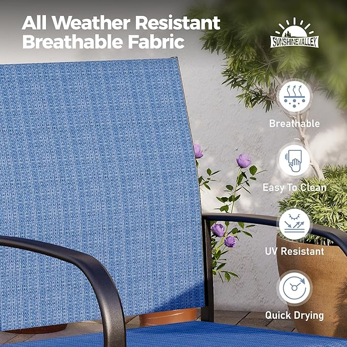 7 Piece Patio Dining Set for 6, 64” Rectangular Wood-Like Steel Dining Table with Umbrella Hole, 6 x Blue Chairs, Outdoor Table and Chairs Set for Lawn Backyard and Deck