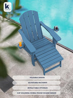 KINGYES Folding Adjustable Adirondack Chairs with Ottoman & 2 Cup Holders Set of 2, HDEP Multifunctional Adirondack Chair with Footrest, Blue