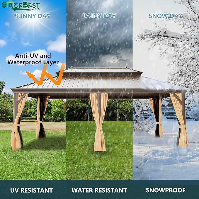 12' X 18' Hardtop Gazebo, Aluminum Wood-Looking Frame Outdoor Permanent Galvanized Steel Double Roof Pavilion Pergola Canopy with Privacy Curtains for Garden, Patio, Backyard, Deck and Lawns.