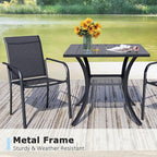 3 Pieces Round Dining Table Set for 2, Patio Dining Set Includes 2 Black Stackable Patio Chairs and 27.6" Black Metal Square Table, Patio Furniture Sets with Sling Support for Outside, Garden