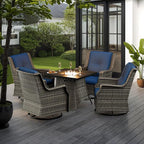 5-Piece Patio Furniture Set Includes 4 Swivel Rocker Chair and 1 Fire Pit, Wicker Conversation Set with Cushion Blue