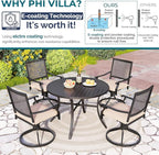 PHI VILLA Outdoor Modern Round Dining Table Set for 4 with Swivel Chairs, Patio Furniture Set of 5, Metal Circle Table with Umbrella Hole & Wrought Iron Chairs with Cushion Backyard