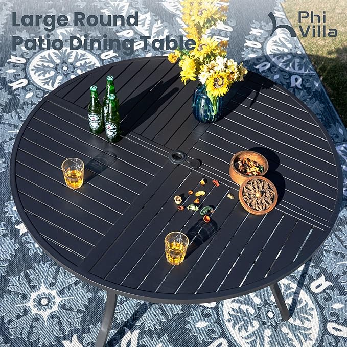 PHI VILLA 7 Pieces Outdoor Round Dining Set for 6, Large Metal Dining Table with Umbrella Hole & Cushioned Wicker Rattan Chairs, Dining Furniture Set for Patio, Deck, Yard, Porch