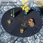 PHI VILLA 7 Piece Outdoor Patio Dining Set with 6 Padded Swivel Dining Chairs & 1 Large Round Dining Table, All Weather Dining Furniture Set for Lawn Garden (Blue)