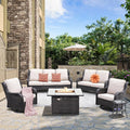 HOOOWOOO Patio Outdoor Furniture with Large Fire Pit Table,High Back 6 Piece Wicker Patio Conversation Set with Swivel Chairs,7 Person Couch Sofa Seating,Beige