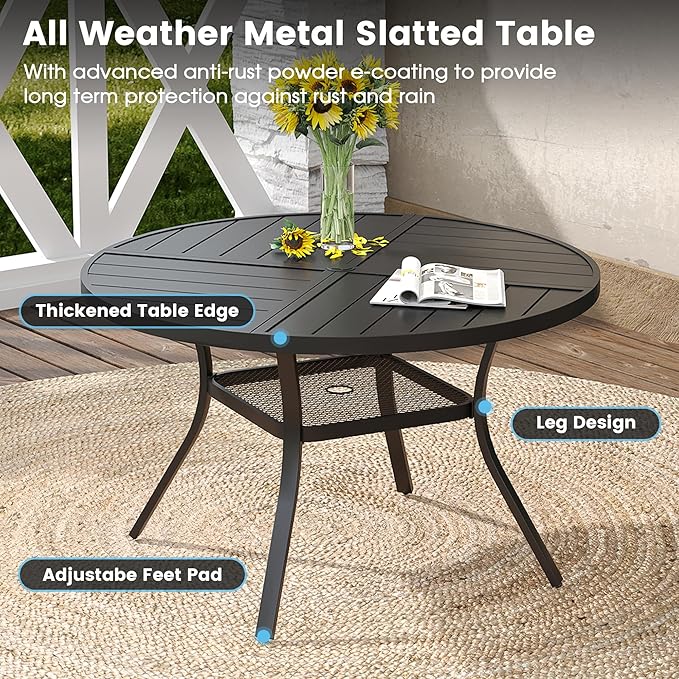 DIFY 5 Pieces Outdoor Patio Dining Set, 4 Brown Textilene Swivel Dining Chairs and 40.6" Black Round Metal Dining Table, Outdoor Table and Chairs