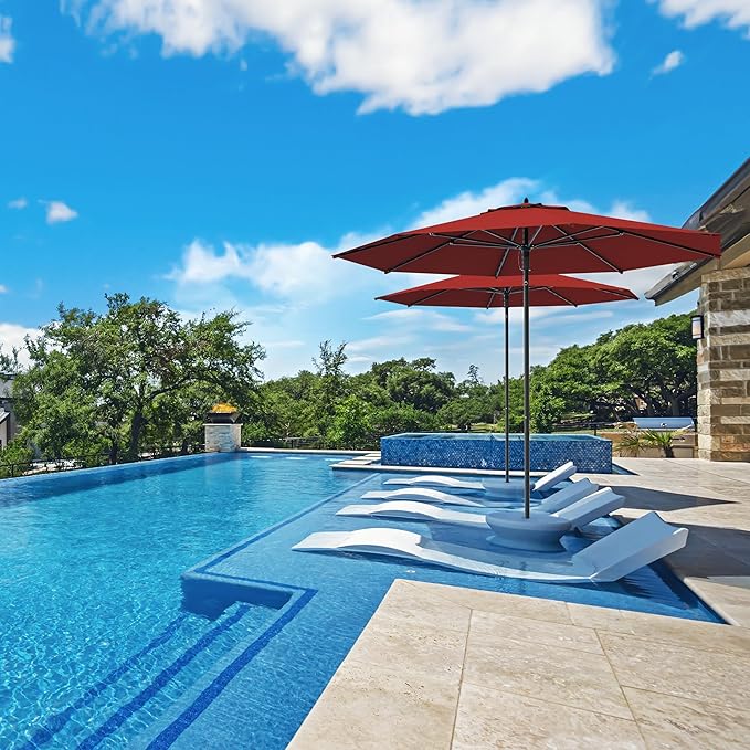 Midtown Umbrellas The Wooden 8 Feet Patio Umbrella With Terylast Cherry (Burgundy) Polyester Fabric - Aluminum Frame Market Umbrella For Backyard, Deck, Garden, Pool - Wooden Pole