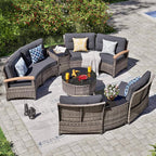 MEISSALIVVE 9 Piece Outdoor Patio Furniture Set, Half-Moon Curved Sectional Sofa Rattan Conversation Set with Wood Armrests, Coffee Table & Side Table（Grey）
