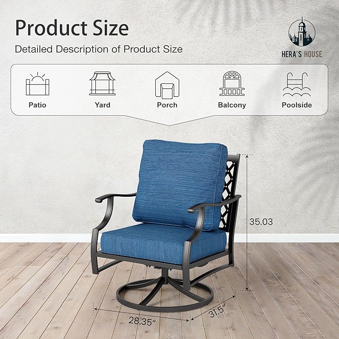 HERA'S HOUSE Outdoor Chairs Set of 2, 2 x Patio Chair with Pacific Blue Cushions, All Weather Outdoor Furniture for Lawn Garden Backyard Deck(Swivel Chairs)
